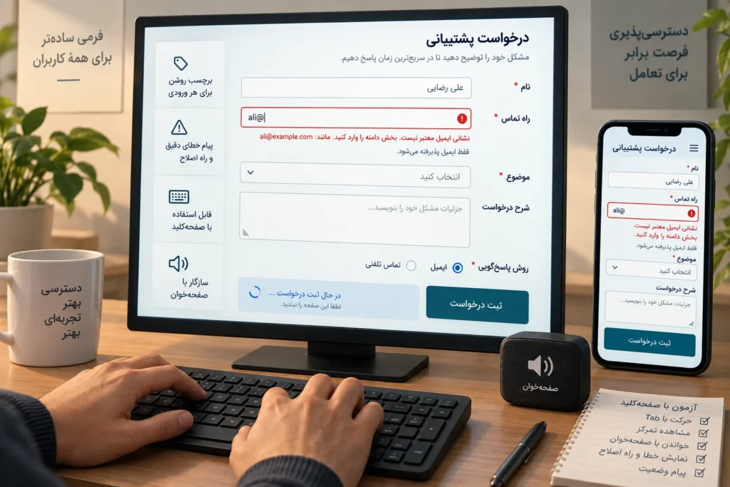 فرم فارسی با برچسب، پیام خطا، تمرکز صفحه‌کلید و وضعیت ثبت