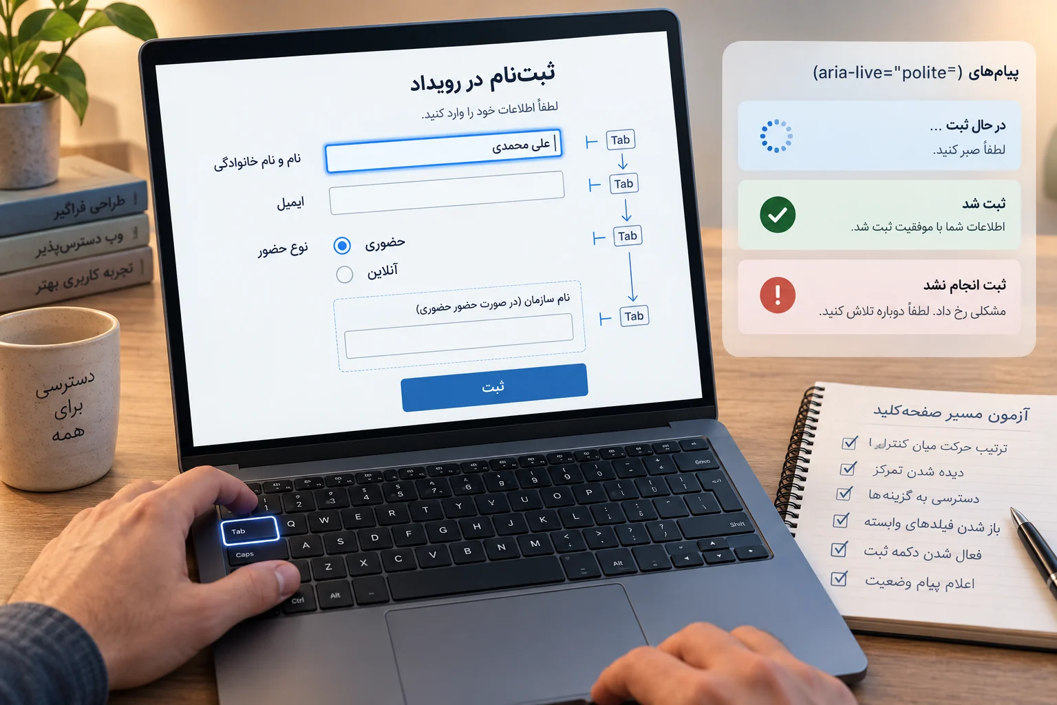 پیمایش با صفحه‌کلید و اعلام وضعیت ثبت فرم