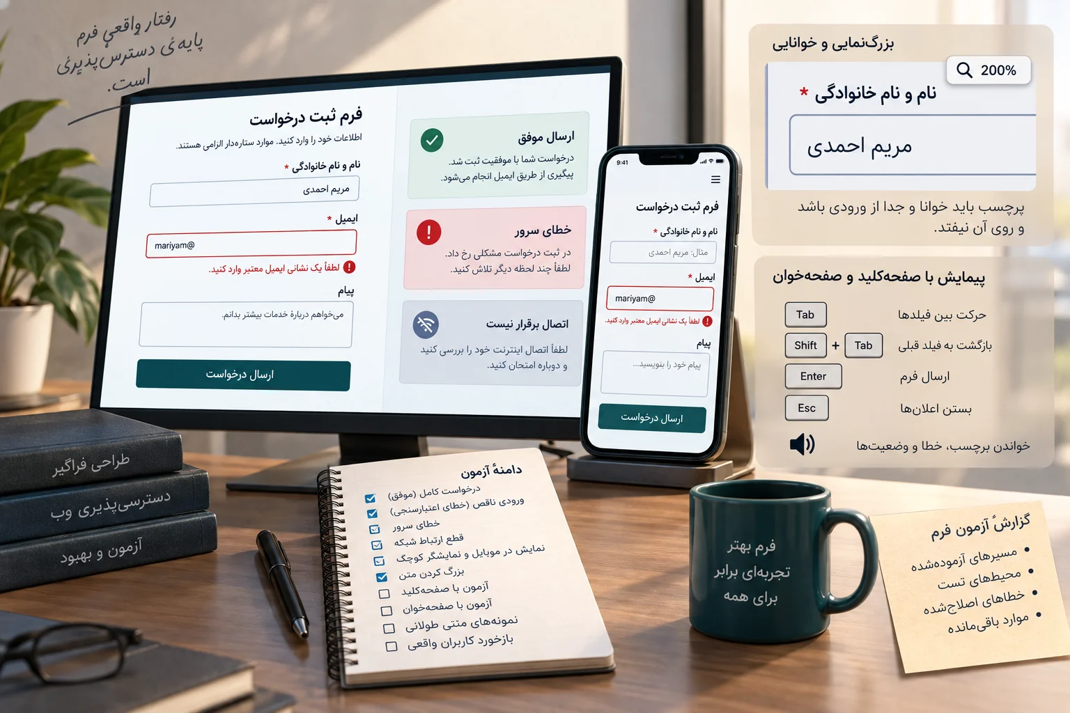 بررسی فرم در دسکتاپ، موبایل، بزرگ‌نمایی متن و حالت خطا